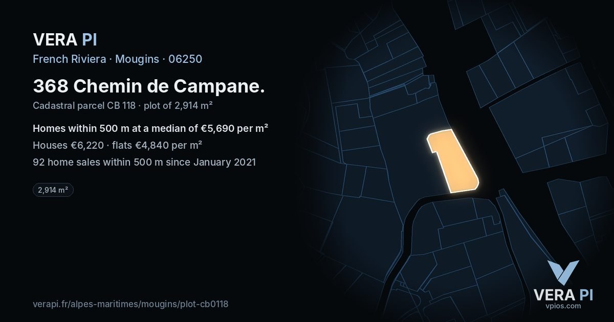 368 Chemin de Campane, Mougins at night – the plot lit, the parcels around coloured by the prices near them