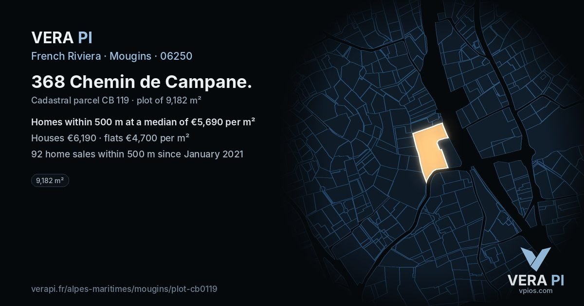 368 Chemin de Campane, Mougins at night – the plot lit, the parcels around coloured by the prices near them
