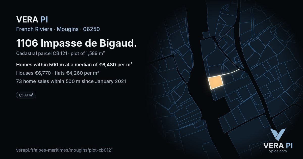 1106 Impasse de Bigaud, Mougins at night – the plot lit, the parcels around coloured by the prices near them