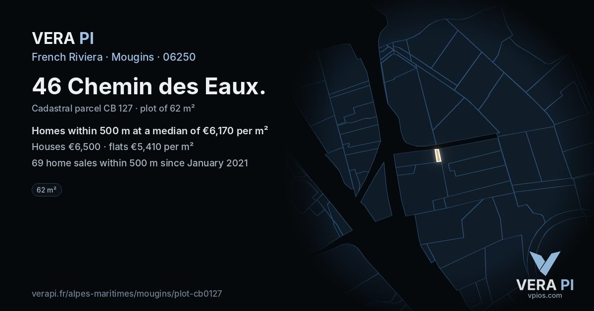 46 Chemin des Eaux, Mougins at night – the plot lit, the parcels around coloured by the prices near them