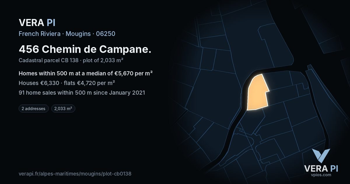 456 Chemin de Campane, Mougins at night – the plot lit, the parcels around coloured by the prices near them