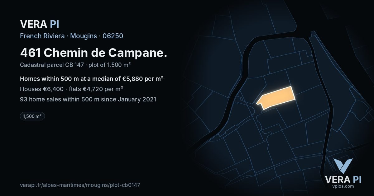 461 Chemin de Campane, Mougins at night – the plot lit, the parcels around coloured by the prices near them