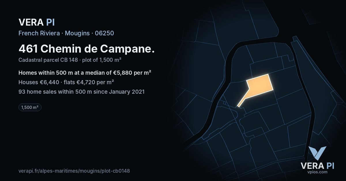 461 Chemin de Campane, Mougins at night – the plot lit, the parcels around coloured by the prices near them