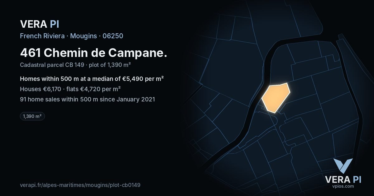 461 Chemin de Campane, Mougins at night – the plot lit, the parcels around coloured by the prices near them