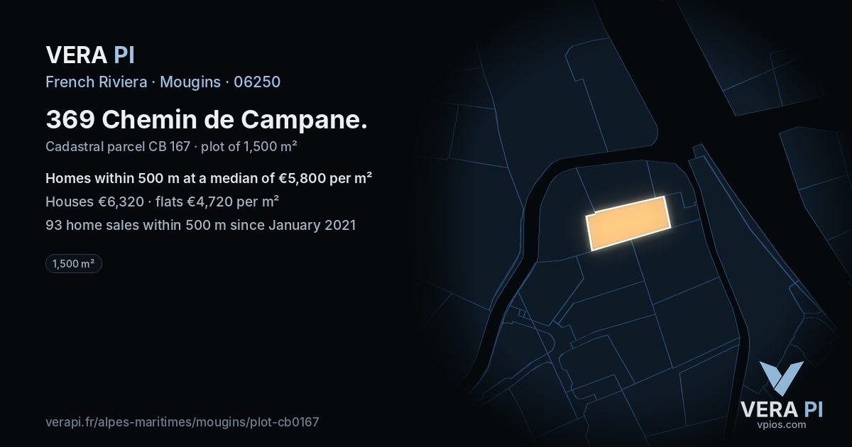 369 Chemin de Campane, Mougins at night – the plot lit, the parcels around coloured by the prices near them