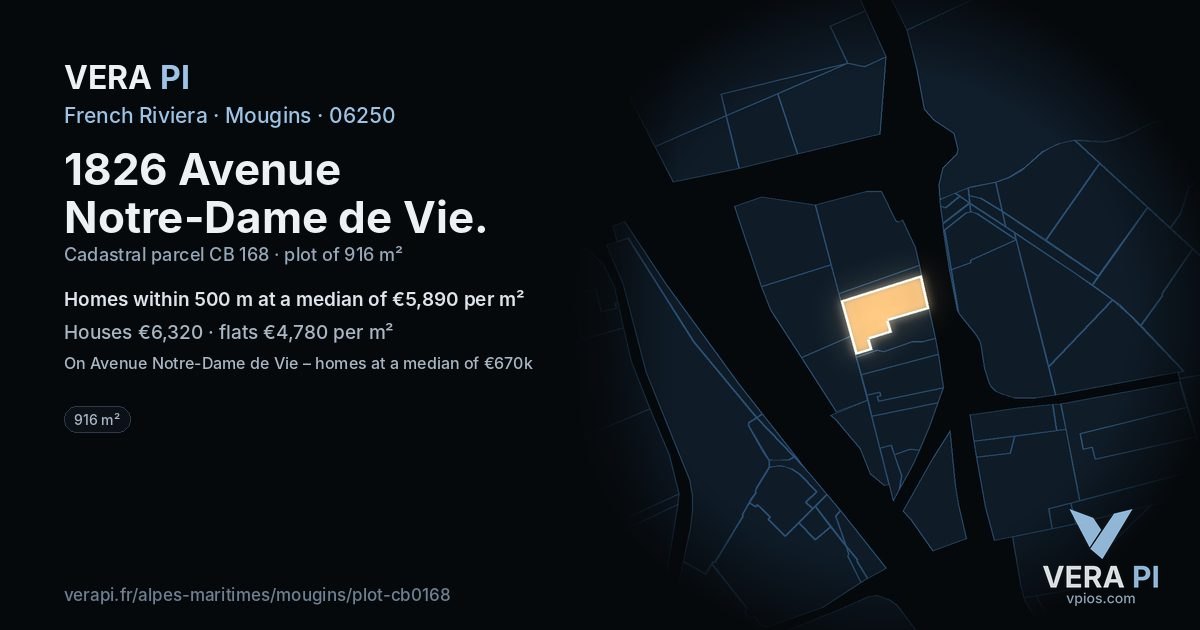 1826 Avenue Notre-Dame de Vie, Mougins at night – the plot lit, the parcels around coloured by the prices near them