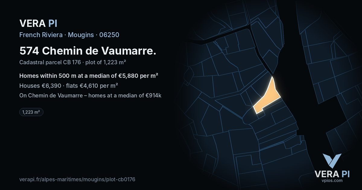 574 Chemin de Vaumarre, Mougins at night – the plot lit, the parcels around coloured by the prices near them