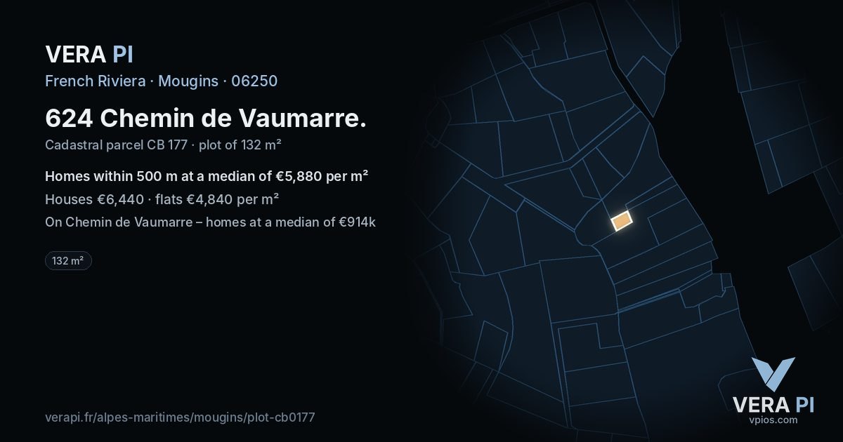 624 Chemin de Vaumarre, Mougins at night – the plot lit, the parcels around coloured by the prices near them