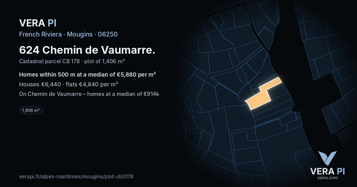 624 Chemin de Vaumarre, Mougins at night – the plot lit, the parcels around coloured by the prices near them