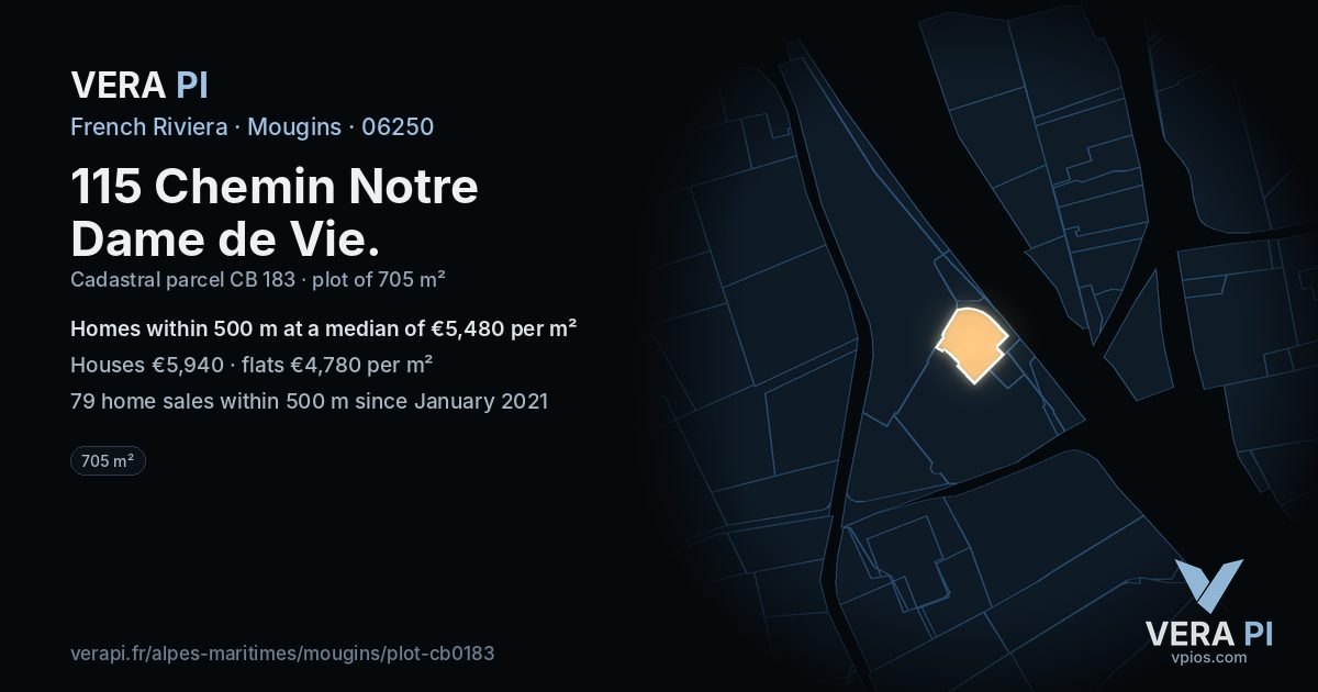 115 Chemin Notre Dame de Vie, Mougins at night – the plot lit, the parcels around coloured by the prices near them
