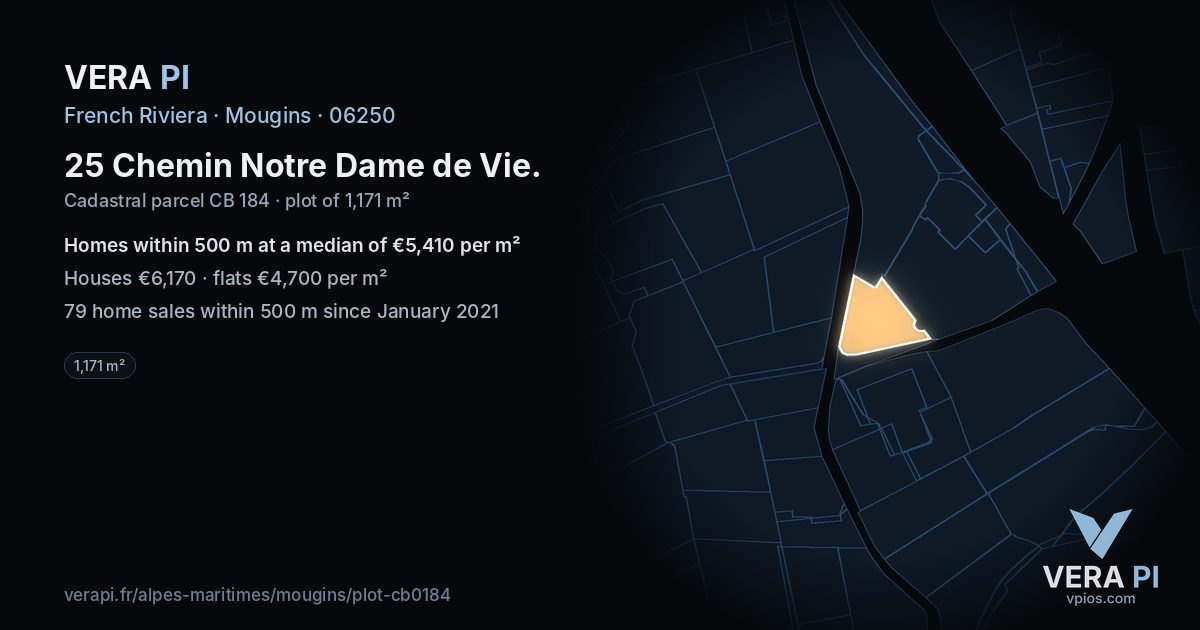 25 Chemin Notre Dame de Vie, Mougins at night – the plot lit, the parcels around coloured by the prices near them