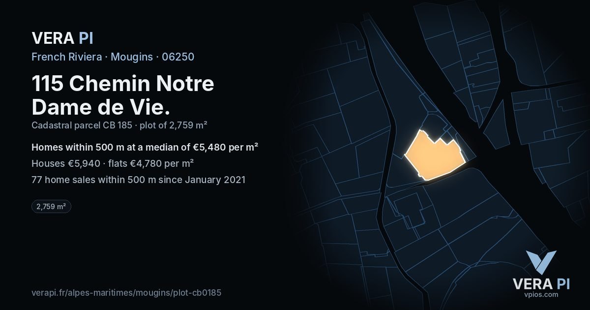 115 Chemin Notre Dame de Vie, Mougins at night – the plot lit, the parcels around coloured by the prices near them