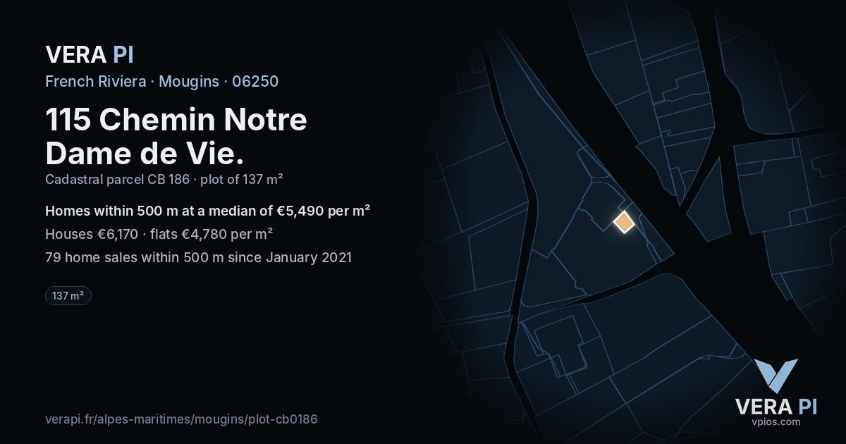 115 Chemin Notre Dame de Vie, Mougins at night – the plot lit, the parcels around coloured by the prices near them