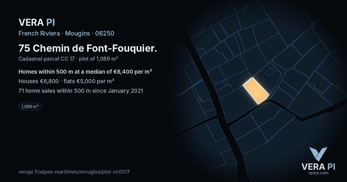 75 Chemin de Font-Fouquier, Mougins at night – the plot lit, the parcels around coloured by the prices near them