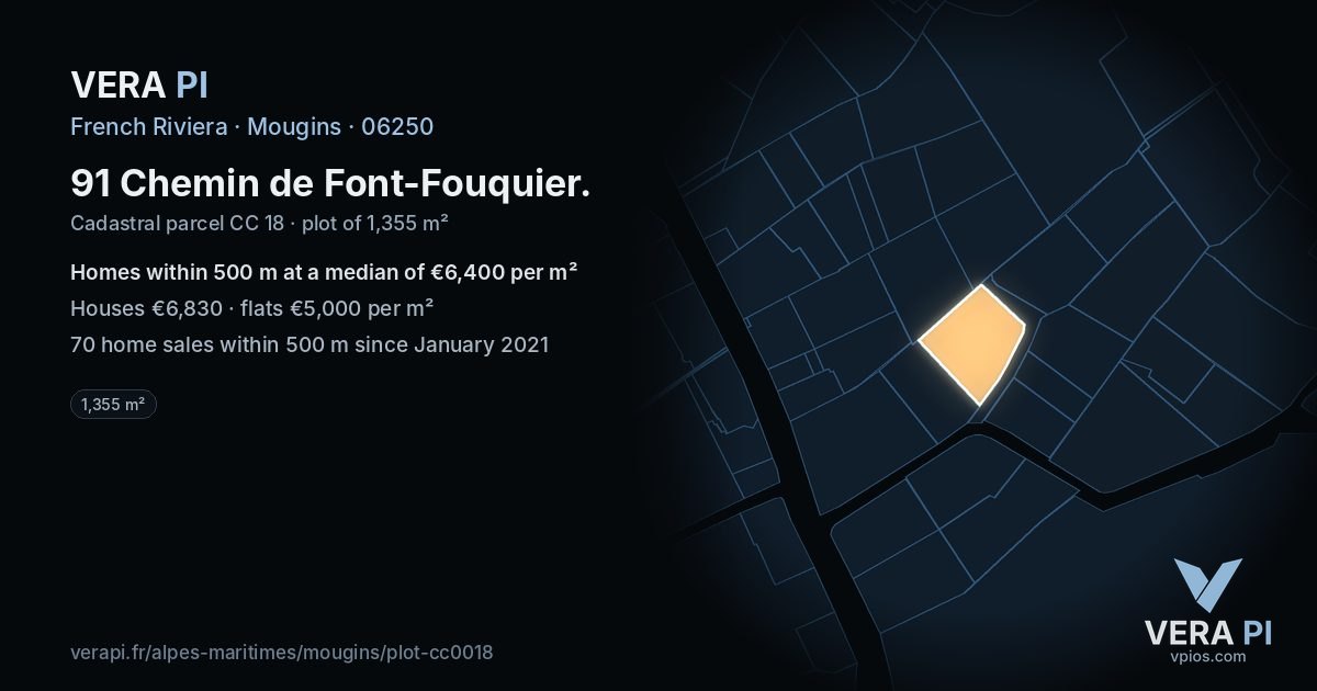 91 Chemin de Font-Fouquier, Mougins at night – the plot lit, the parcels around coloured by the prices near them
