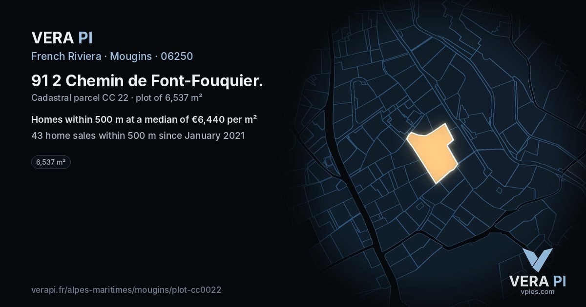 91 2 Chemin de Font-Fouquier, Mougins at night – the plot lit, the parcels around coloured by the prices near them