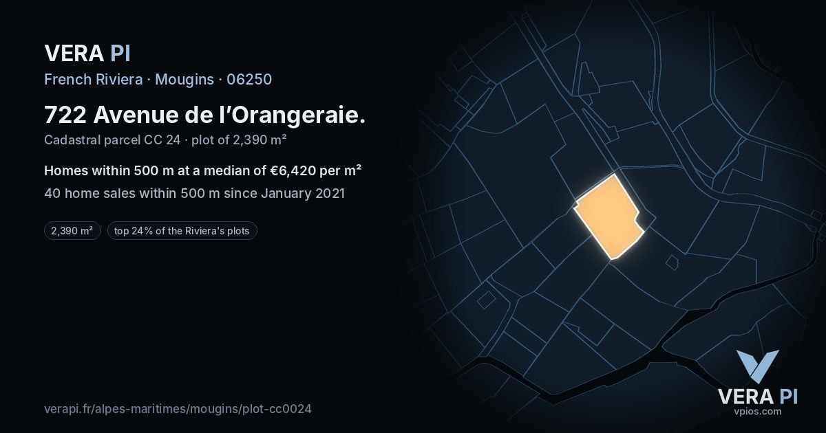 722 Avenue de l’Orangeraie, Mougins at night – the plot lit, the parcels around coloured by the prices near them