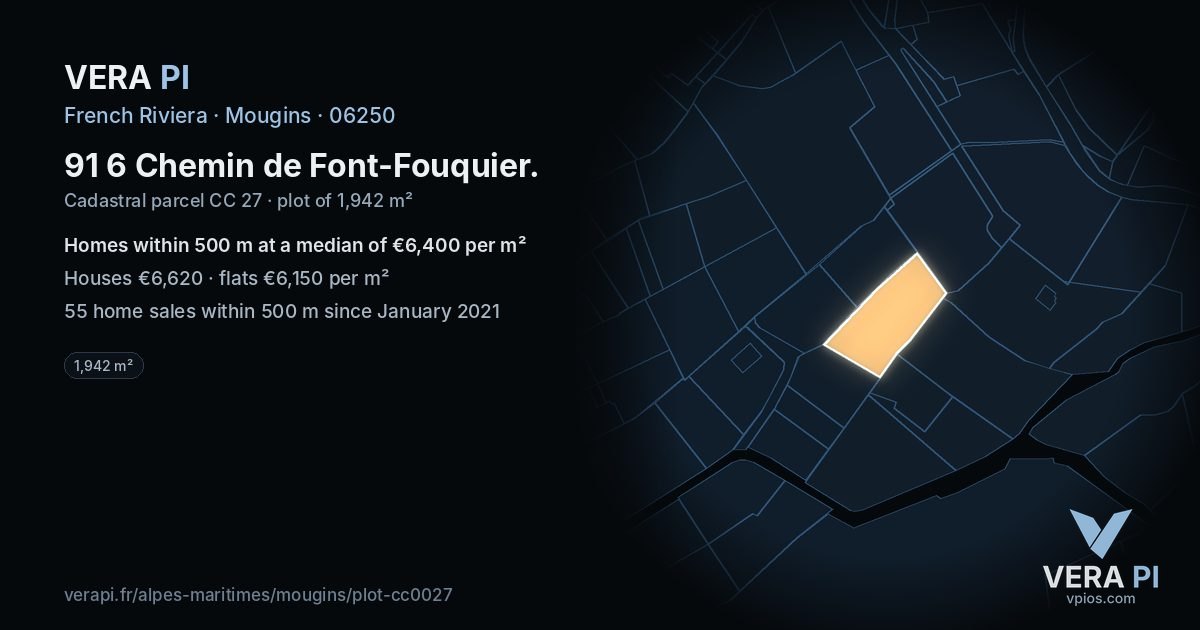 91 6 Chemin de Font-Fouquier, Mougins at night – the plot lit, the parcels around coloured by the prices near them
