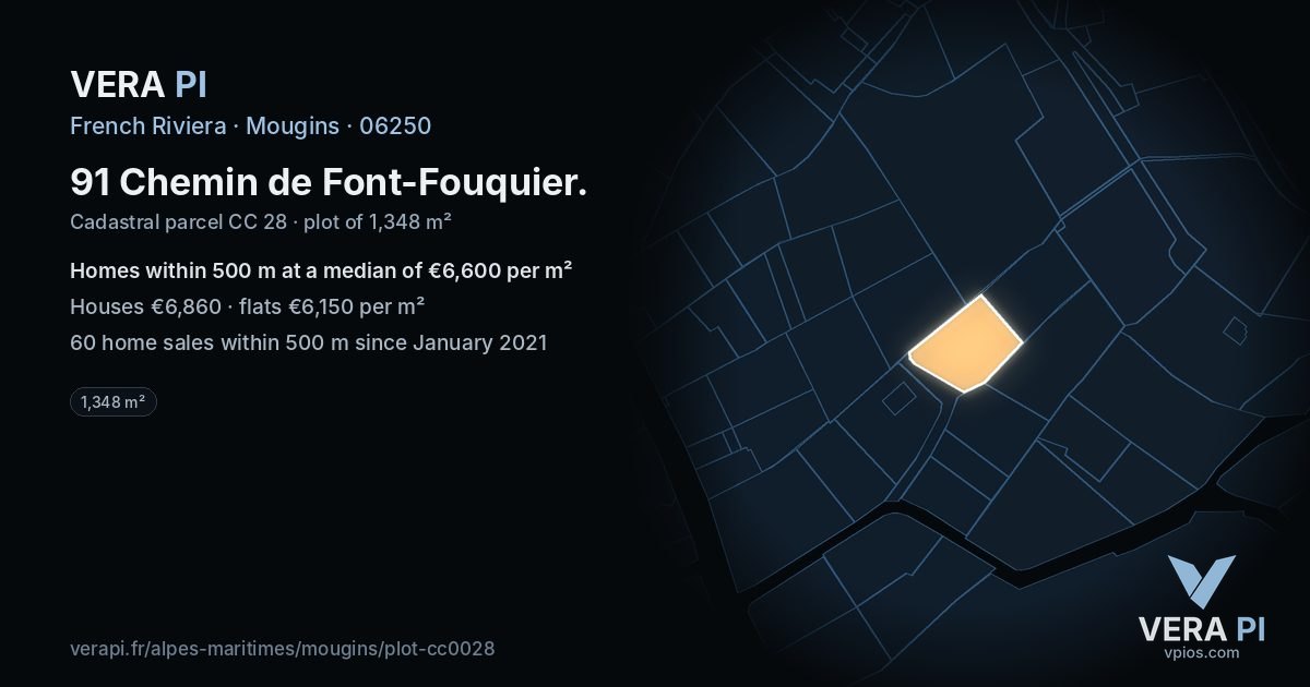 91 Chemin de Font-Fouquier, Mougins at night – the plot lit, the parcels around coloured by the prices near them