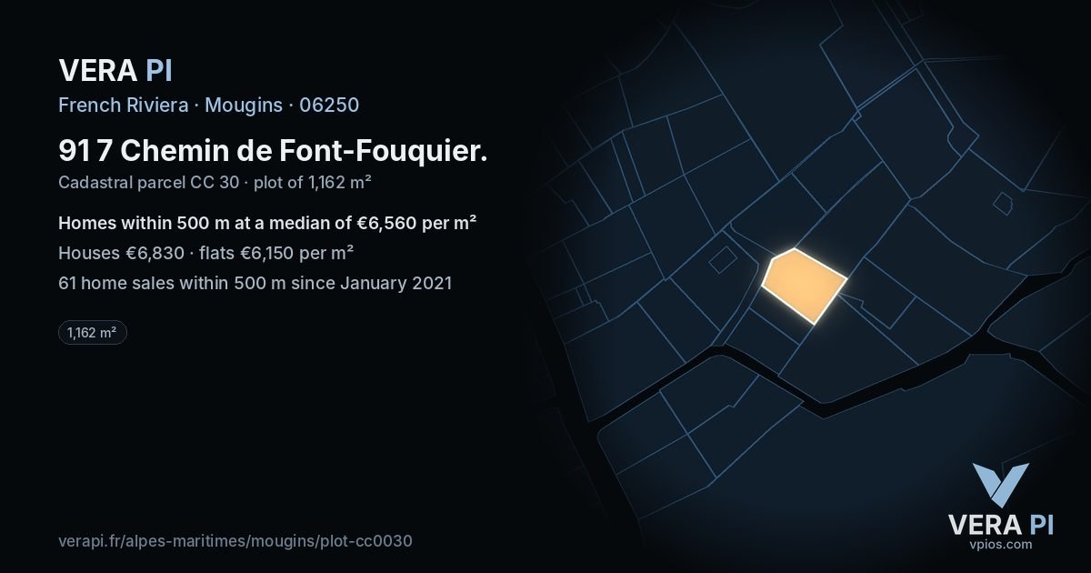 91 7 Chemin de Font-Fouquier, Mougins at night – the plot lit, the parcels around coloured by the prices near them