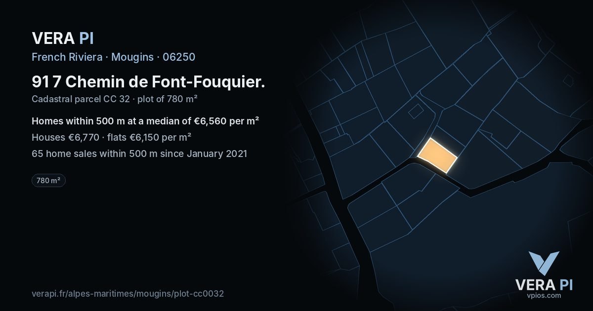 91 7 Chemin de Font-Fouquier, Mougins at night – the plot lit, the parcels around coloured by the prices near them
