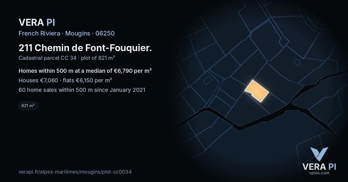 211 Chemin de Font-Fouquier, Mougins at night – the plot lit, the parcels around coloured by the prices near them