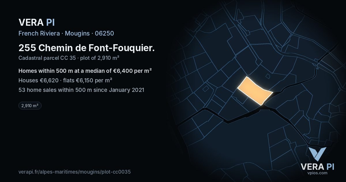 255 Chemin de Font-Fouquier, Mougins at night – the plot lit, the parcels around coloured by the prices near them