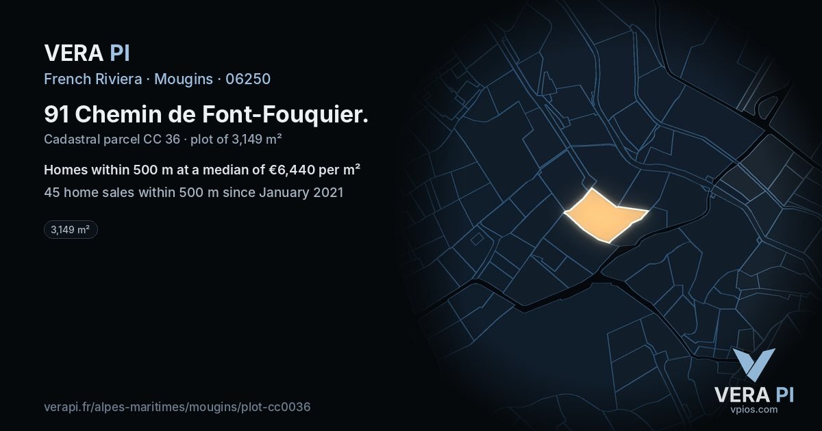 91 Chemin de Font-Fouquier, Mougins at night – the plot lit, the parcels around coloured by the prices near them