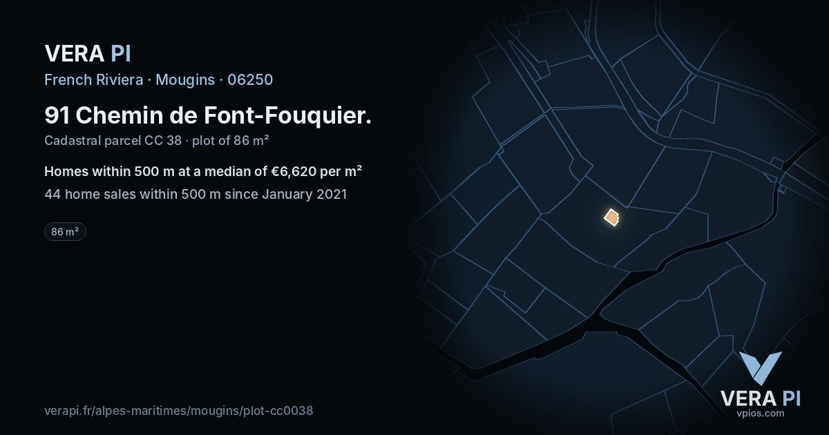91 Chemin de Font-Fouquier, Mougins at night – the plot lit, the parcels around coloured by the prices near them