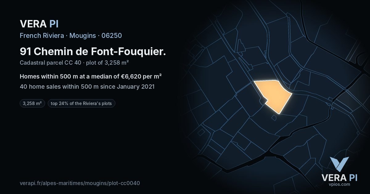 91 Chemin de Font-Fouquier, Mougins at night – the plot lit, the parcels around coloured by the prices near them