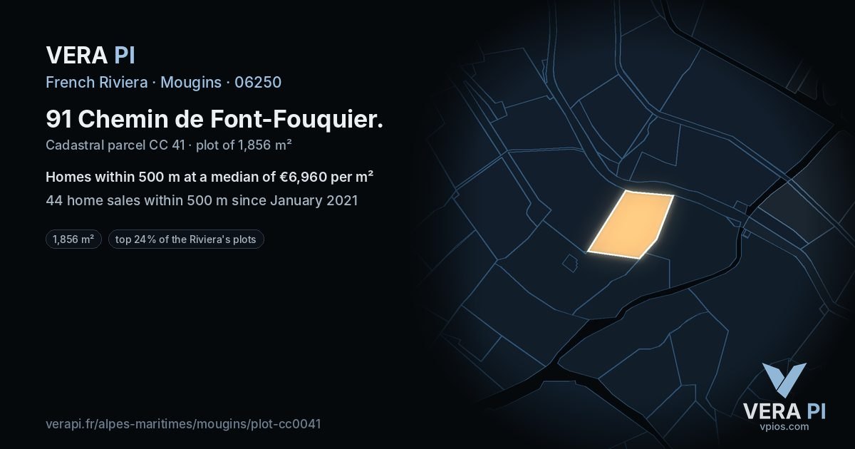 91 Chemin de Font-Fouquier, Mougins at night – the plot lit, the parcels around coloured by the prices near them