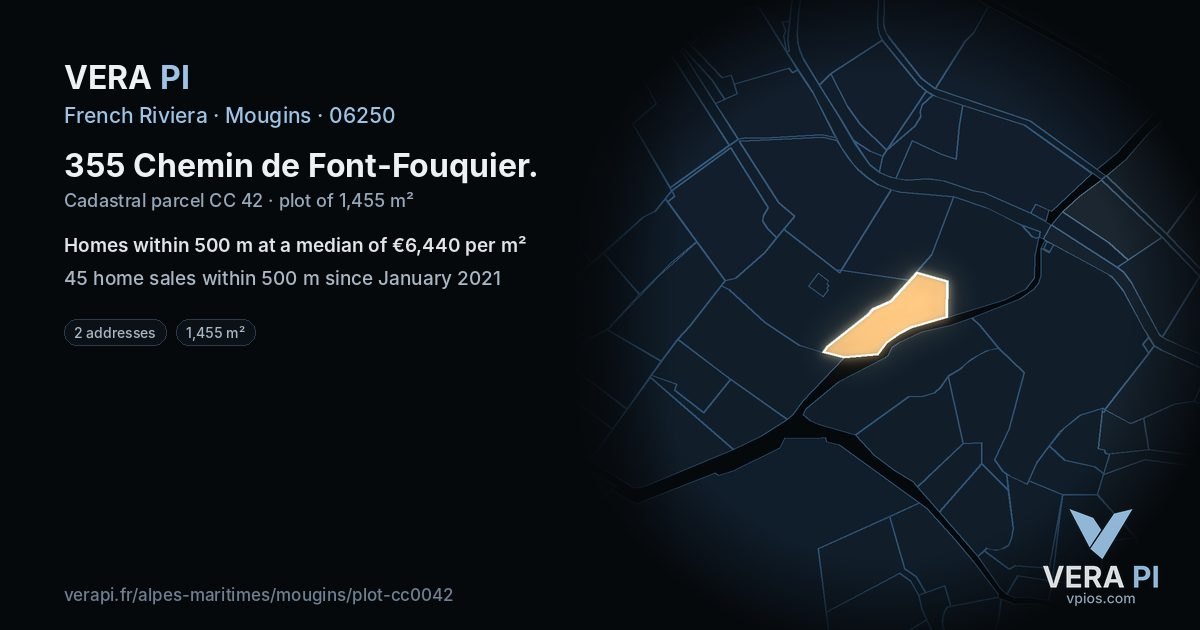 355 Chemin de Font-Fouquier, Mougins at night – the plot lit, the parcels around coloured by the prices near them
