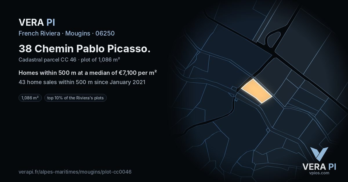 38 Chemin Pablo Picasso, Mougins at night – the plot lit, the parcels around coloured by the prices near them