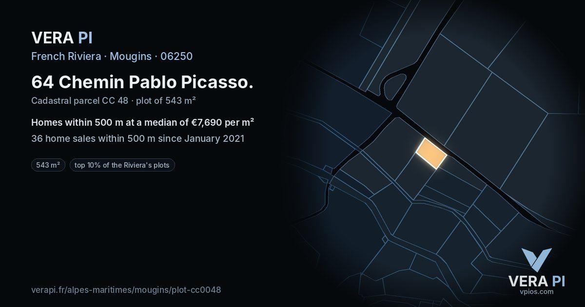 64 Chemin Pablo Picasso, Mougins at night – the plot lit, the parcels around coloured by the prices near them