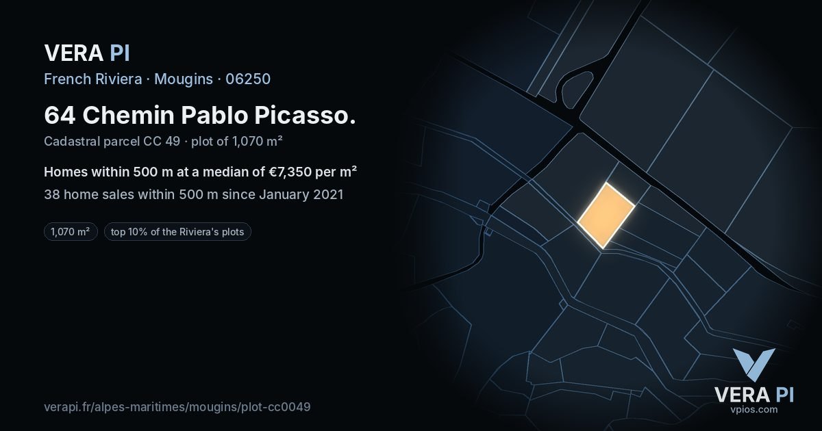 64 Chemin Pablo Picasso, Mougins at night – the plot lit, the parcels around coloured by the prices near them