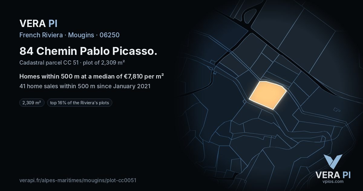 84 Chemin Pablo Picasso, Mougins at night – the plot lit, the parcels around coloured by the prices near them
