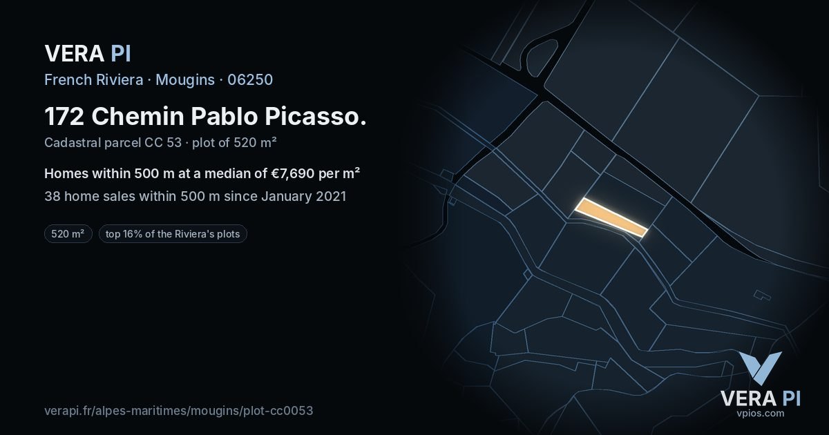 172 Chemin Pablo Picasso, Mougins at night – the plot lit, the parcels around coloured by the prices near them