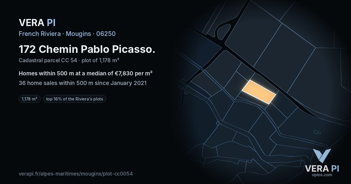 172 Chemin Pablo Picasso, Mougins at night – the plot lit, the parcels around coloured by the prices near them