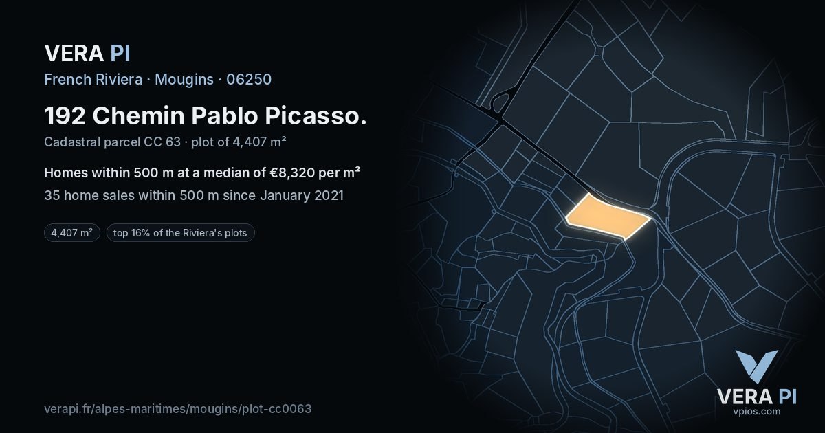 192 Chemin Pablo Picasso, Mougins at night – the plot lit, the parcels around coloured by the prices near them