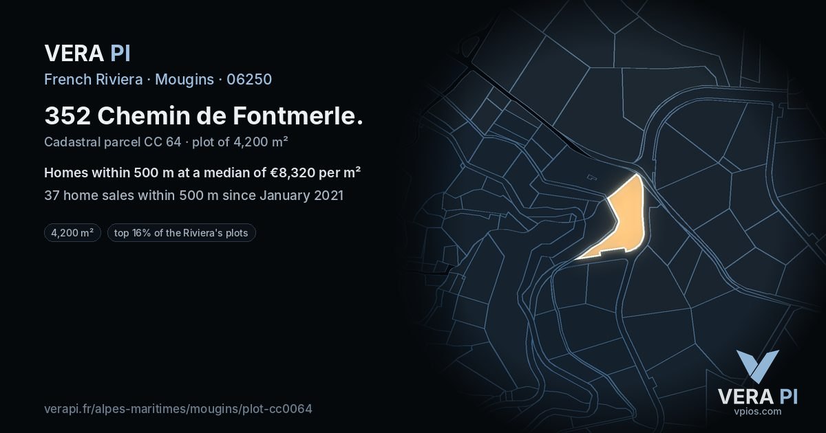 352 Chemin de Fontmerle, Mougins at night – the plot lit, the parcels around coloured by the prices near them