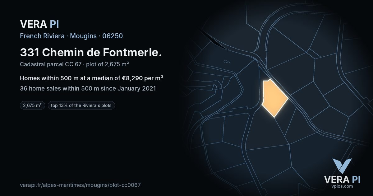 331 Chemin de Fontmerle, Mougins at night – the plot lit, the parcels around coloured by the prices near them