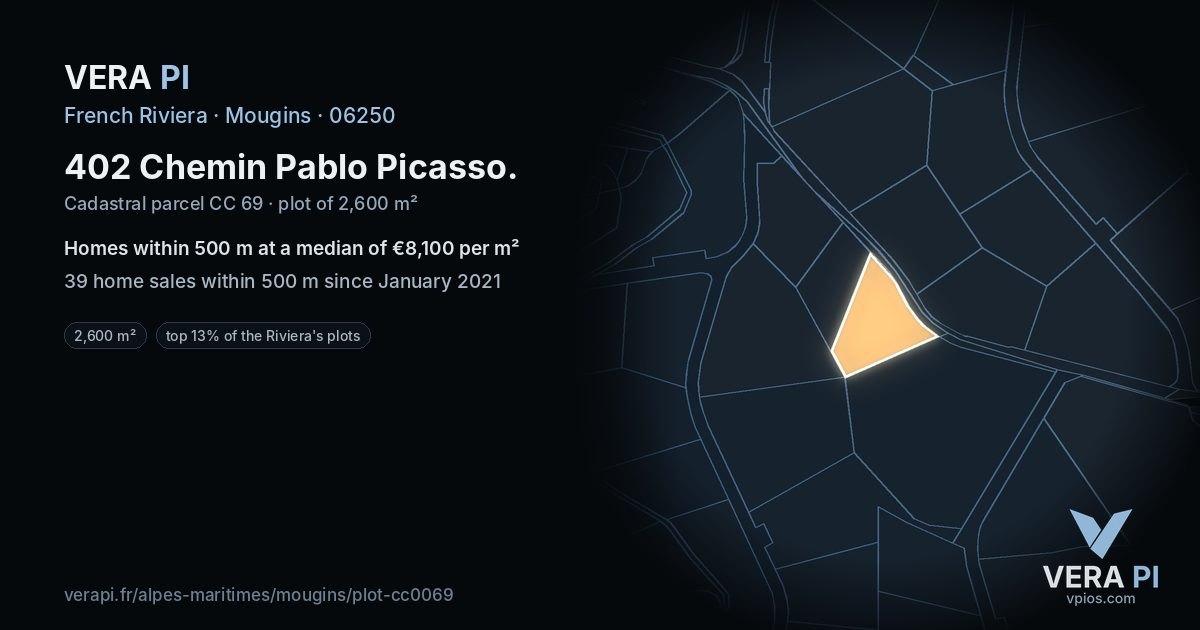 402 Chemin Pablo Picasso, Mougins at night – the plot lit, the parcels around coloured by the prices near them