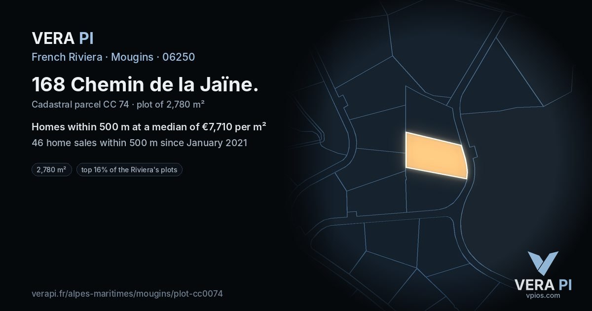 168 Chemin de la Jaïne, Mougins at night – the plot lit, the parcels around coloured by the prices near them