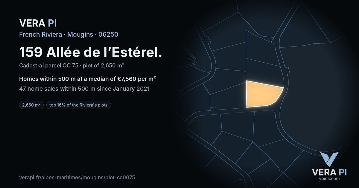 159 Allée de l’Estérel, Mougins at night – the plot lit, the parcels around coloured by the prices near them