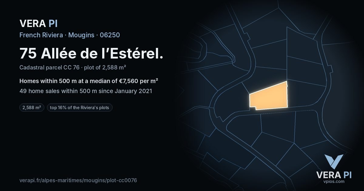 75 Allée de l’Estérel, Mougins at night – the plot lit, the parcels around coloured by the prices near them