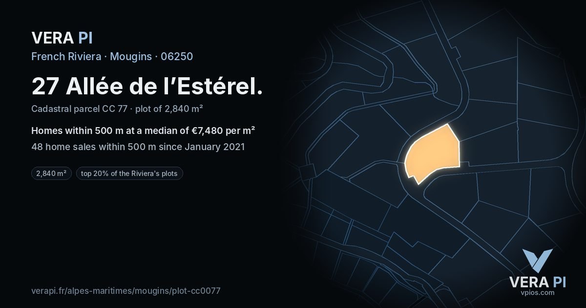 27 Allée de l’Estérel, Mougins at night – the plot lit, the parcels around coloured by the prices near them