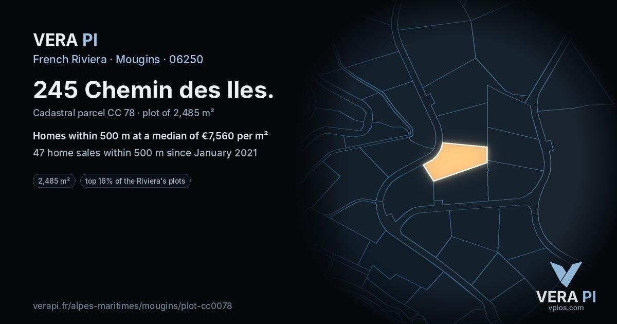 245 Chemin des Iles, Mougins at night – the plot lit, the parcels around coloured by the prices near them