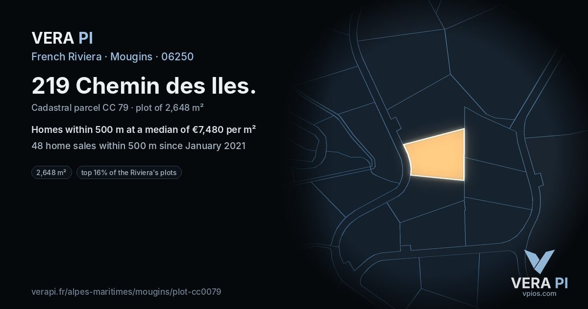 219 Chemin des Iles, Mougins at night – the plot lit, the parcels around coloured by the prices near them