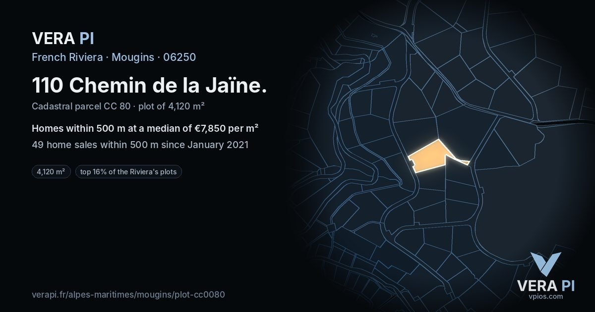 110 Chemin de la Jaïne, Mougins at night – the plot lit, the parcels around coloured by the prices near them