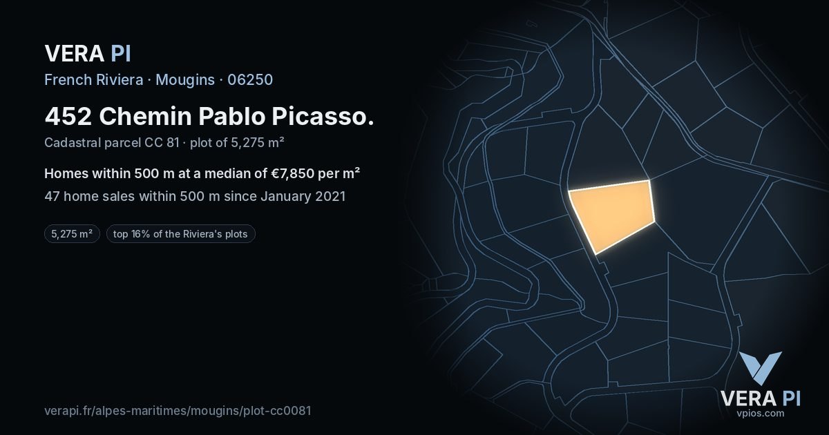 452 Chemin Pablo Picasso, Mougins at night – the plot lit, the parcels around coloured by the prices near them